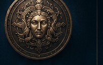 The Aegis — a bronze medallion depicting a serene face surrounded by an ornate shield.