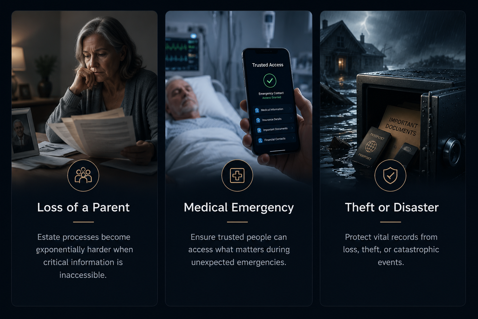 Three moments AegisVault was built for: loss of a parent, medical emergency, and theft or disaster